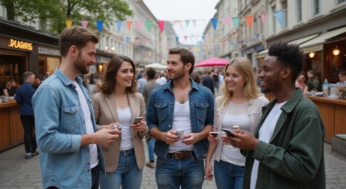 Een diverse groep transgender individuen op een levendig LGBTQ+ evenement.