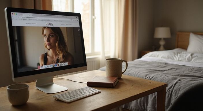 Een gezellige slaapkamer met een computer met een website voor een sexdate met een shemale.