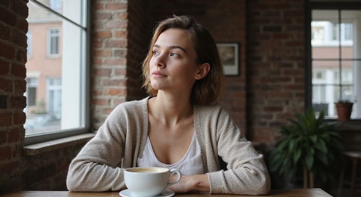 Een transgender vrouw zit ontspannen aan een houten tafel in een café en wil een sexdate met een shemale.