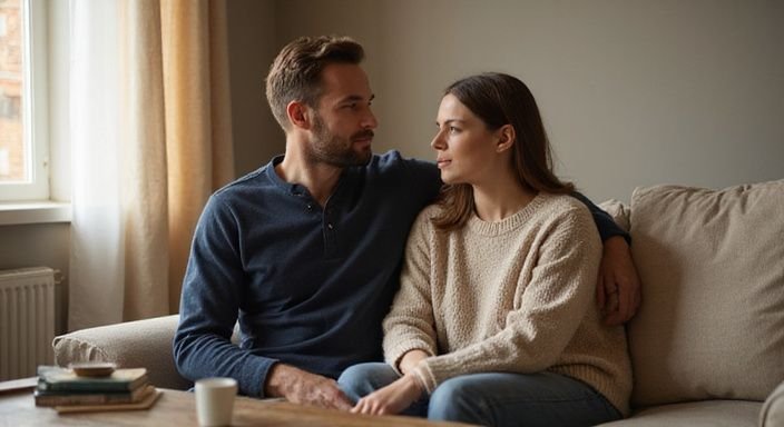 Een man en vrouw zitten dicht bij elkaar op een bank.