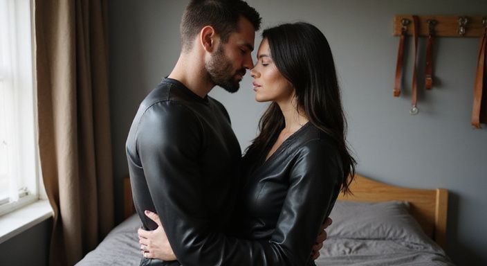 Een intiem moment tussen een man en vrouw in leren kleding. Een intiem moment tussen een man en vrouw in leren kleding tijdens hun sexdate voor kinky sex.