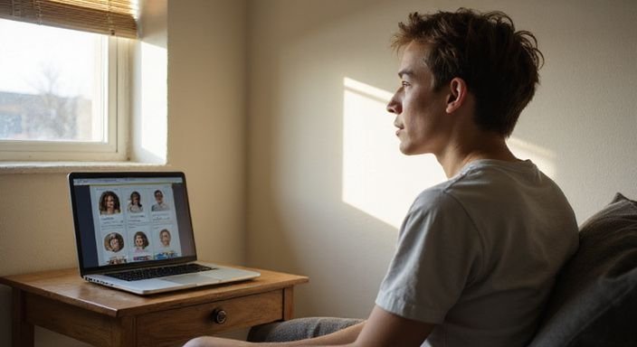 Een persoon zit ontspannen aan een tafel met een open laptop. Een persoon zit ontspannen aan een tafel met een open laptop en zoekt een sexdate voor kinky sex.