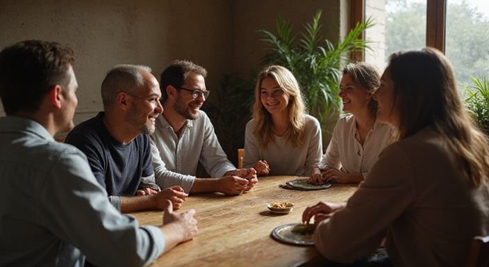 Een diverse groep mensen geniet van een intieme, gezellige maaltijd samen. Een diverse groep mensen geniet van een sexdate voor kinky sex.