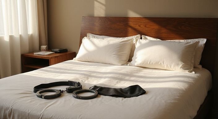 Een elegant bed met handboeien en een blinddoek op het nachtkastje. Een elegant bed met handboeien en een blinddoek op het nachtkastje.