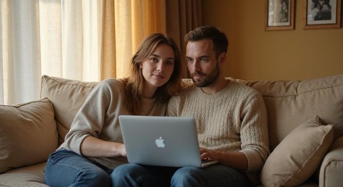 Een vrouw en man zitten samen op een bank met een laptop. Een vrouw en man zitten samen op een bank met een laptop en zoeken een sexdate voor kinky sex.