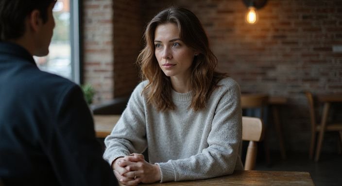 Een vrouw in een café lijkt verloren in gedachten. Een vrouw in een café lijkt verloren in gedachten.