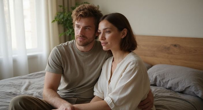 Een koppel zit intiem op bed met een rustige, verbonden uitstraling. Een koppel zit intiem op bed met een rustige, verbonden uitstraling.