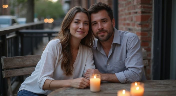 Een stel geniet van een erotisch contact in Brussel op een houten terras.