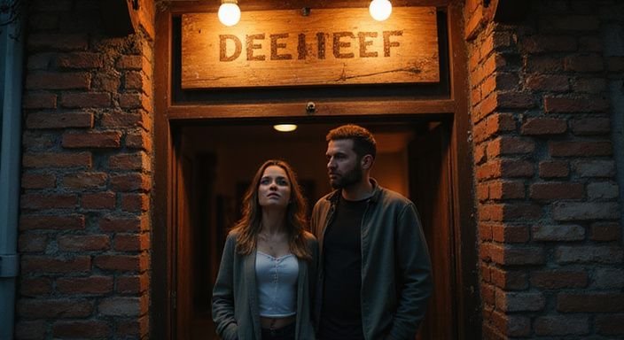 Een koppel betreedt een dim verlichte erotische club in Brussel.