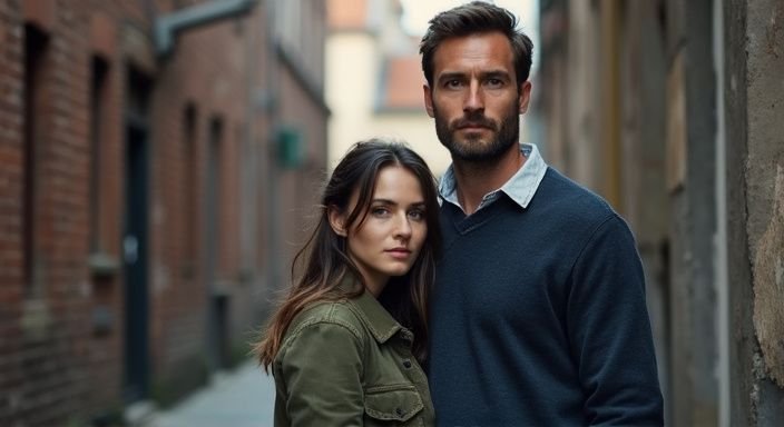 Een man en vrouw delen een intieme conversatie over erotisch contact in Brussel in een steegje.