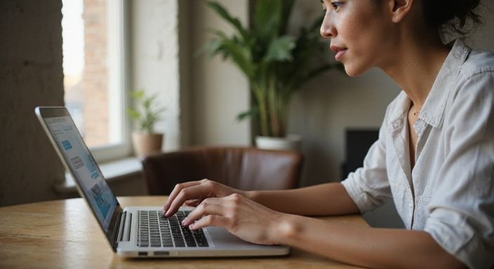 Een persoon werkt geconcentreerd aan een laptop aan een houten bureau.