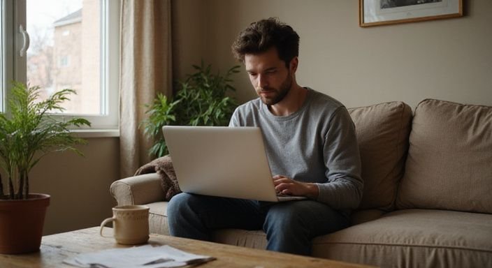 Een persoon zzoekt ontspannen op een bank op een laptop naar erotisch contact in Brussel.