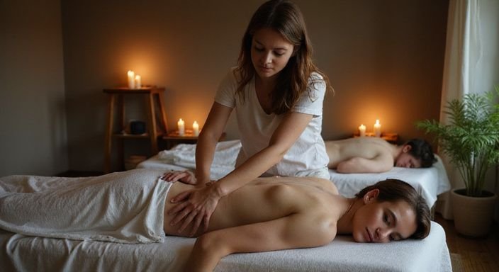 Massagekamer met ontspannen personen tijdens een persoonlijke massagesessie. Massagekamer met ontspannen personen tijdens een persoonlijke massagesessie.