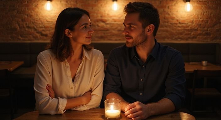 Een stel geniet van een intiem diner in een gezellig restaurant
