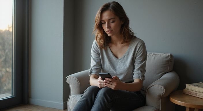 Vrouw in grijze blouse, geconcentreerd op smartphone in minimalistische kamer. Vrouw in grijze blouse zoekt op smartphone naar erotisch contact Gent.