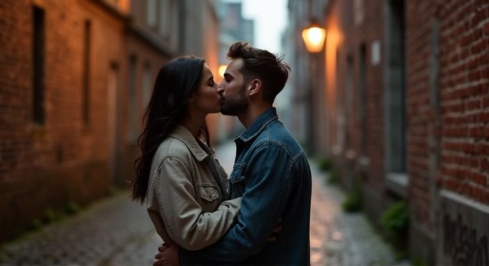 Een stel deelt een tedere kus in een smal steegje. Een stel deelt een tedere kus in een smal steegje.