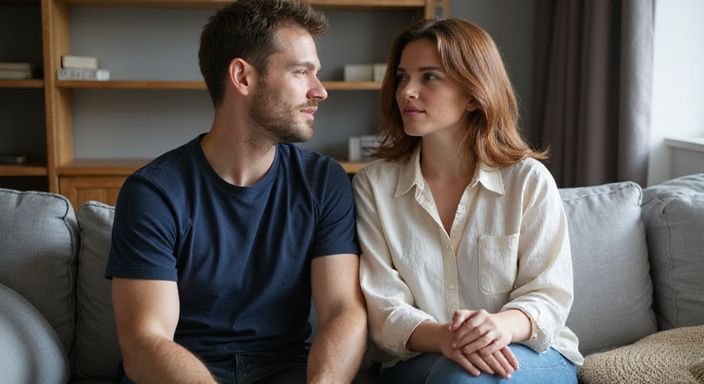 Een man en vrouw zitten dicht bij elkaar op een sofa. Een man en vrouw zitten dicht bij elkaar op een sofa.