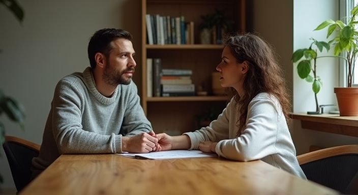 Een man en vrouw in een intieme vergaderruimte, verbonden in gesprek. Een man en vrouw in een intieme vergaderruimte, verbonden in gesprek.