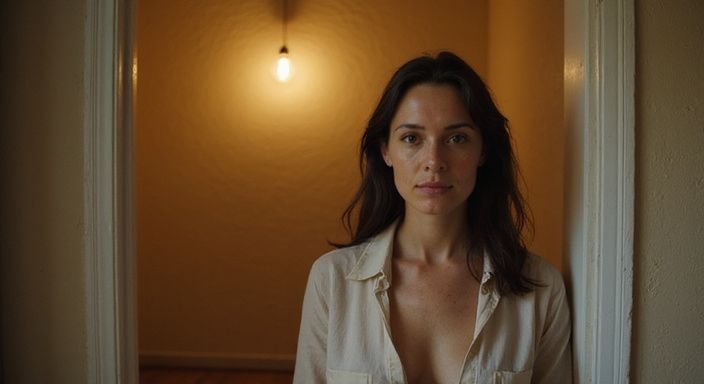 Een vrouw in een eenvoudige kamer met een geconcentreerde uitstraling. Een vrouw in een eenvoudige kamer met een geconcentreerde uitstraling.