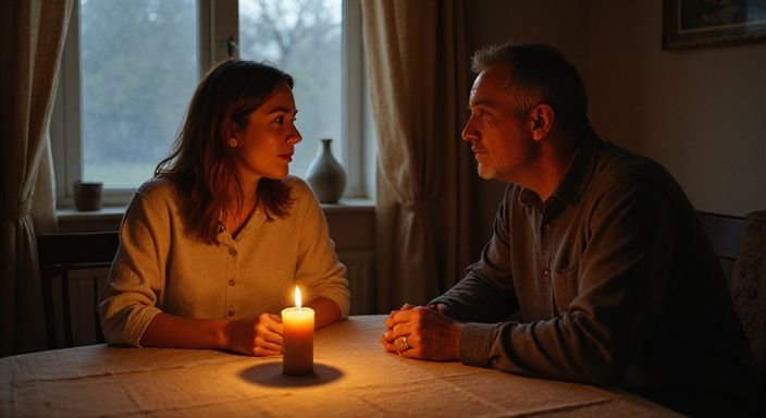 Een man en vrouw delen een intiem gesprek aan tafel. Een man en vrouw delen een intiem gesprek over erotisch contact Gent aan tafel.