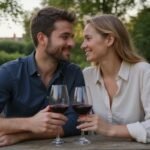 Een man en vrouw genieten van wijn op een houten terras