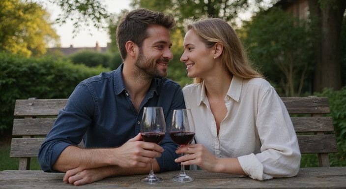 Een man en vrouw genieten van wijn op een houten terras