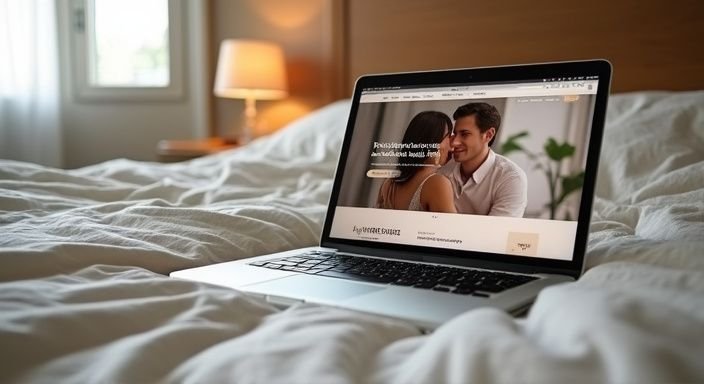 Een zilveren laptop op een rommelige dekbed met datingwebsites voor erotisch contact in Oost-Vlaanderen geopend.