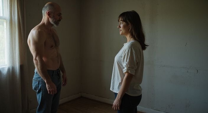 Een naakte man staat in een intieme kamer tegenover een vrouw.