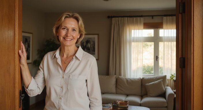 Een vrouw staat in haar sfeervolle woonkamer met een uitnodigende glimlach.