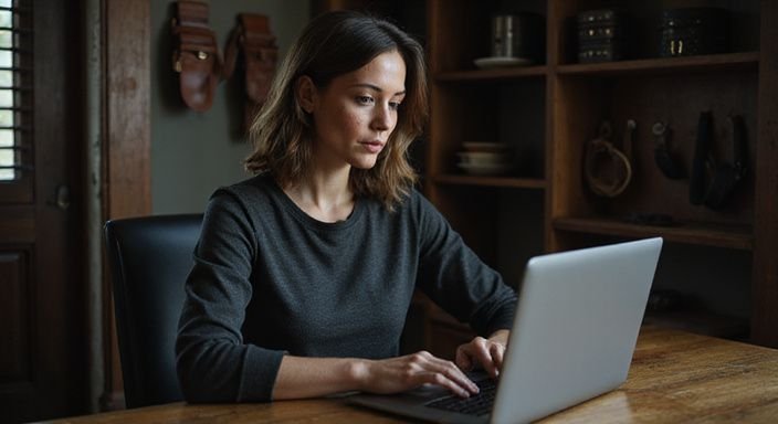 Een vrouw zoekt geconcentreerd achter een houten bureau op een laptop naar erotisch contact in Oost-Vlaanderen.