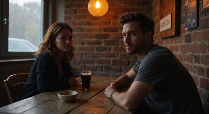 Een man en vrouw delen een intiem moment in een bar.
