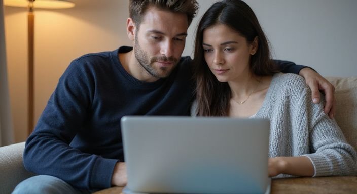 Een man en vrouw bekijken samen een datingsite op een laptop.