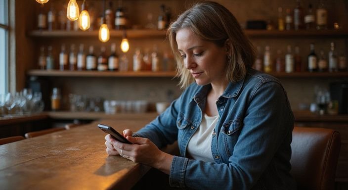 Een middelbare vrouw zit ontspannen aan een rustieke bar.