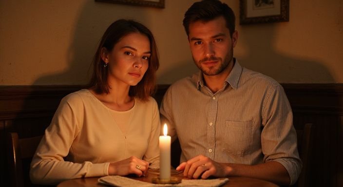 Een man en vrouw delen een intieme maaltijd aan een tafel.