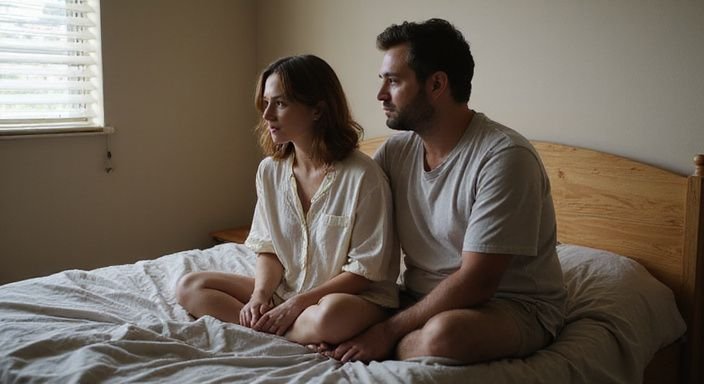 Een man en vrouw hebben een oprecht, intiem gesprek over erotisch contact in Oost-Vlaanderen op bed.