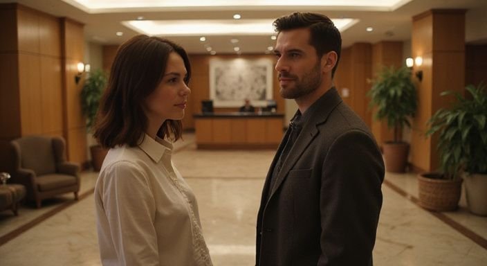 Een vrouw en man ontmoeten elkaar discreet in een hotel lobby. Een vrouw en man ontmoeten elkaar discreet in een hotel lobby.