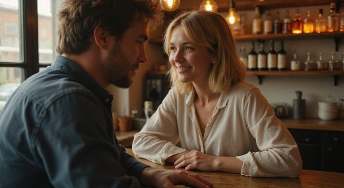 Een man en vrouw ontmoeten elkaar voor het eerst in een bar. Een man en vrouw ontmoeten elkaar voor het eerst in een bar.