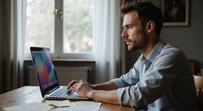 Een man in zijn 20's werkt geconcentreerd achter een houten bureau. Een man in zijn 20's werkt geconcentreerd achter een houten bureau.