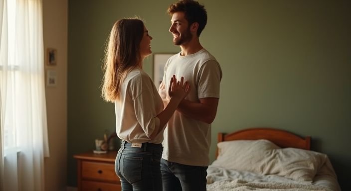 Een vrouw en man delen een speelse, intieme moment in een slaapkamer. Een vrouw en man delen een speelse, intieme moment in een slaapkamer.