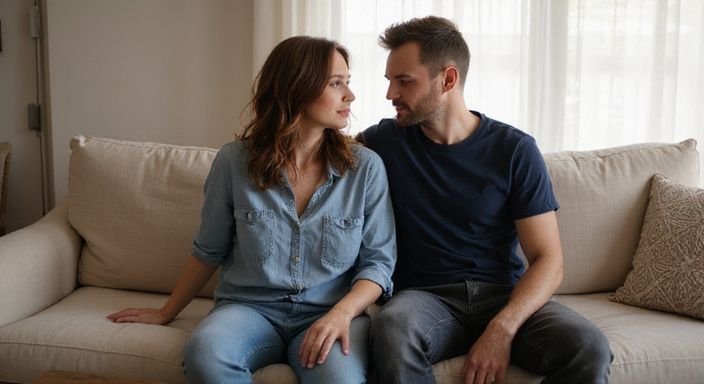 Een man en vrouw zitten samen op een beige bank. Een man en vrouw zitten samen op een beige bank en willen erotisch contact en sexcontacten.