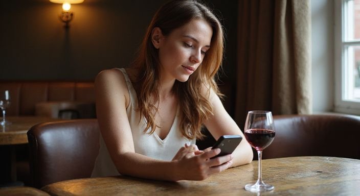 Een vrouw leest aandachtig een bericht in een café. Een vrouw leest aandachtig een bericht in een café.