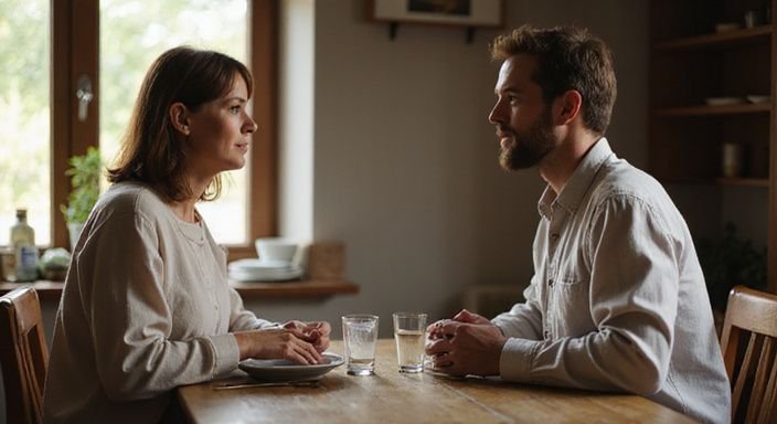 Een vrouw en man delen een intiem diner aan een houten tafel. Een vrouw en man delen een intiem diner aan een houten tafel.