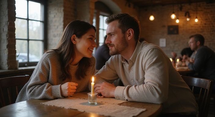 Een ontspannen koppel geniet van elkaars gezelschap in een restaurant. Een ontspannen koppel geniet van elkaars gezelschap in een restaurant.
