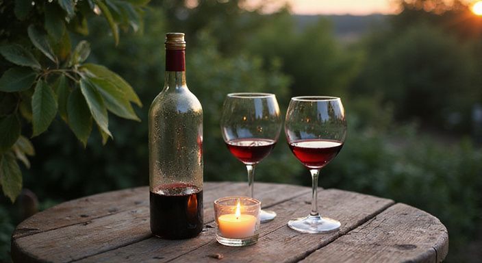 Een rustieke tuin met wijn, glazen en kaarslicht bij zonsondergang. Een rustieke tuin met wijn, glazen en kaarslicht bij zonsondergang.