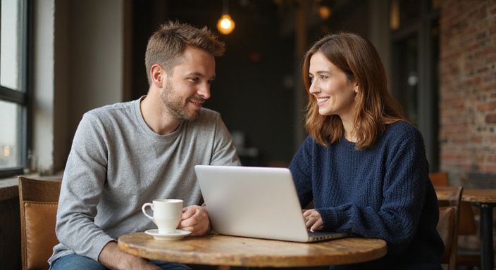 Een man en vrouw delen een moment van connectie in een café. Een man en vrouw delen een moment van connectie in een café tijdens hun Erotisch contact Vlaams-Brabant.