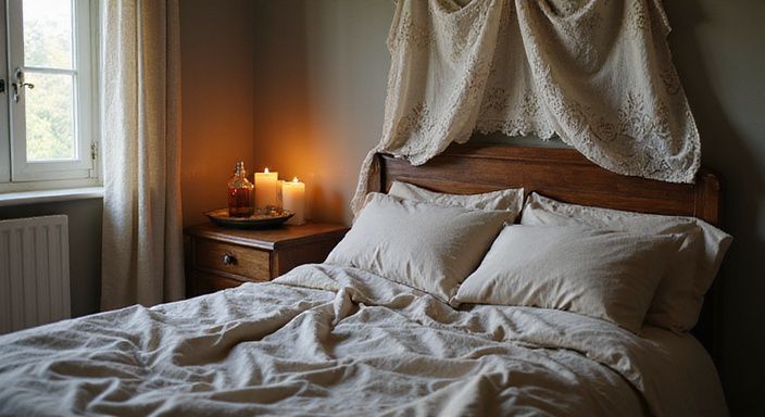 Een intieme slaapkamer met een comfortabel bed en kaarsen. Een intieme slaapkamer met een comfortabel bed en kaarsen.