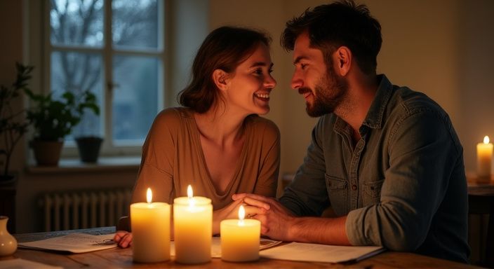 Een vrouw en man delen een flirtachtige blik in een gezellige ruimte. Een vrouw en man delen een flirtachtige blik in een gezellige ruimte.