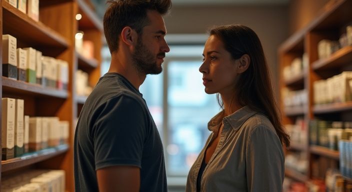 Een man en vrouw verkennen samen een boetiek voor volwassen producten. Een man en vrouw verkennen samen een boetiek voor volwassen producten.