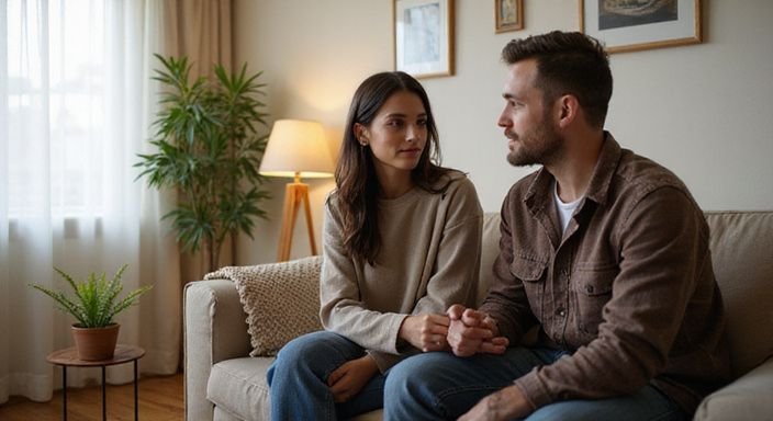 Een vrouw en man hebben een intieme conversatie op de bank.