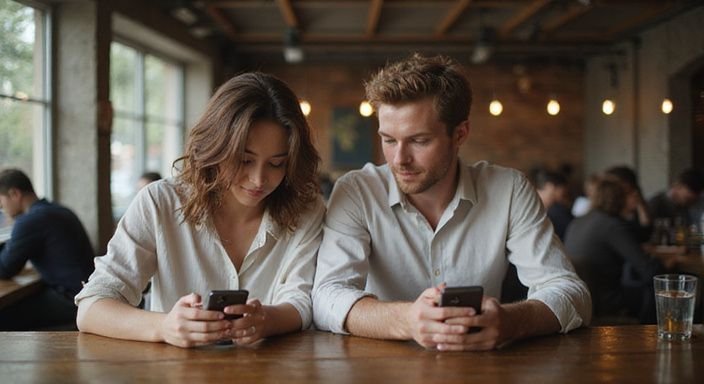Een man en vrouw zitten samen aan de bar, gefocust op hun telefoons zoekend naar Erotisch contact Vlaams-Limburg.